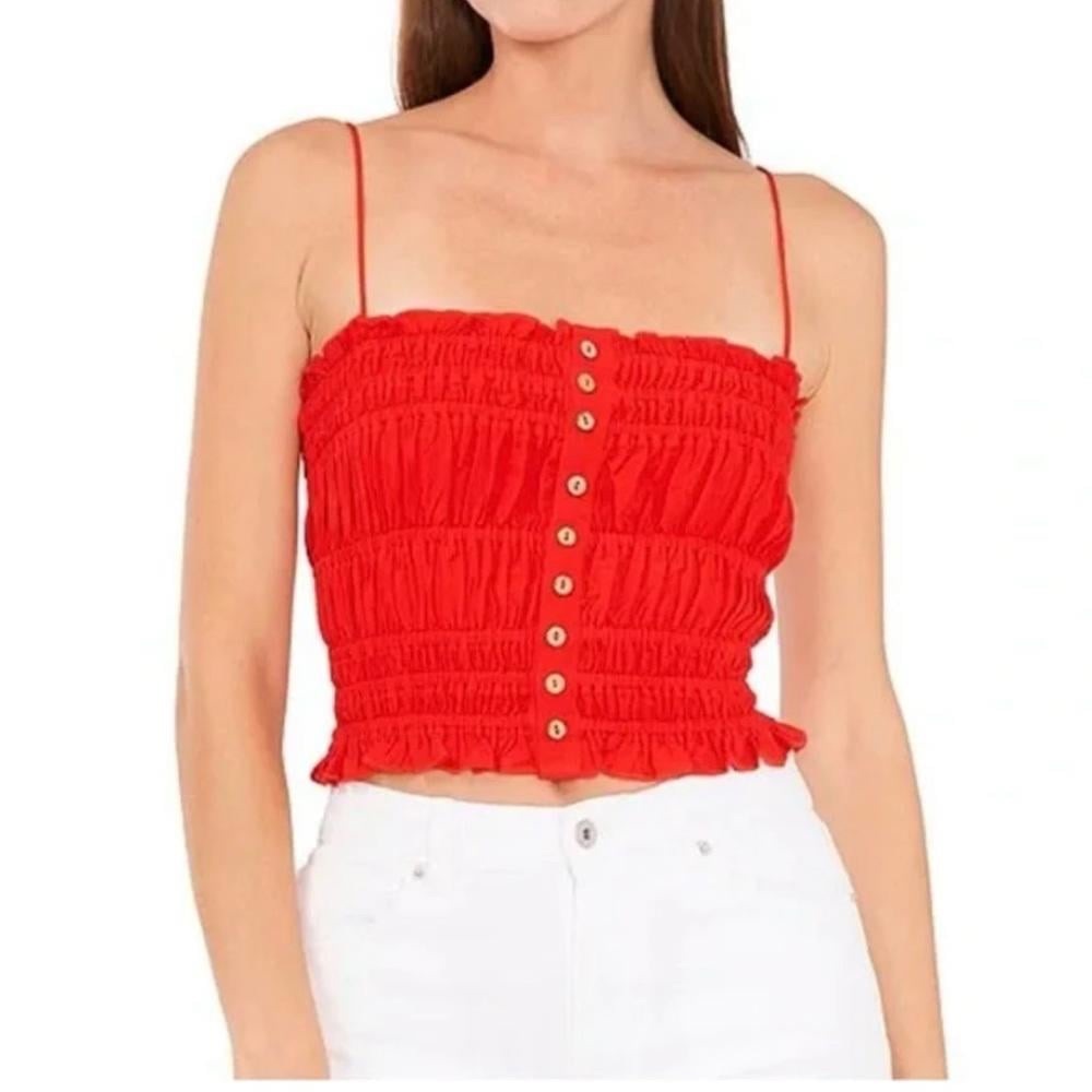 Chelsea & Violet Red Button-Down Cottagecore Smocked Crop Top